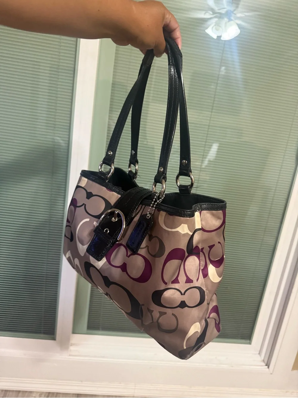 Coach Signature Canvas Shoulder Bag in Taupe, Purple and Black